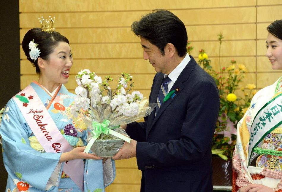 安倍接見日本櫻花女王、綠色女神